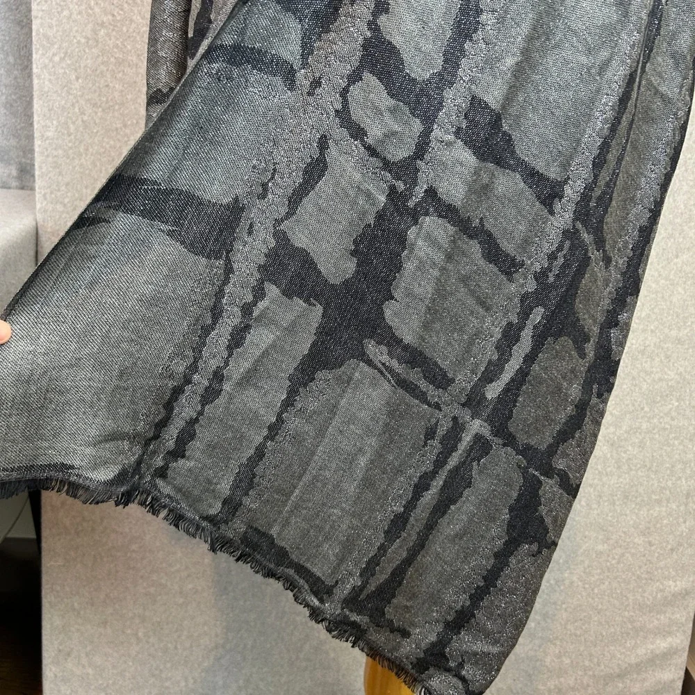 Silver Black Metallic Scarf Wrap Abstract Fringe Minimalist Neutral Accessory